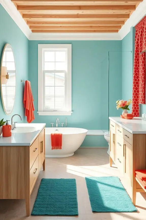 teal and coral bathroom decor