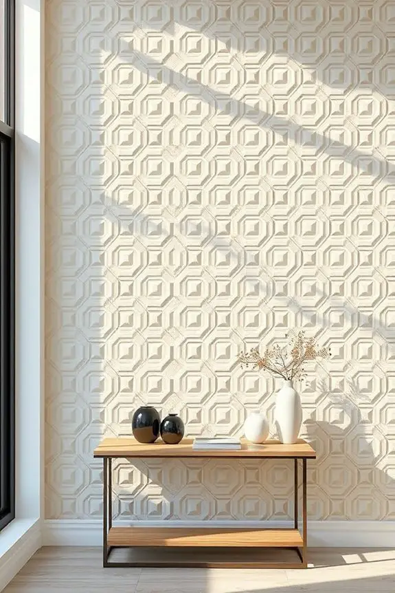 textured geometric wallpaper installation