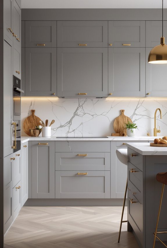 textured grey cabinets with gold
