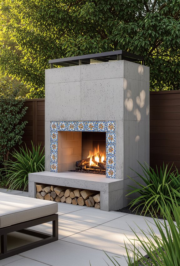 textured tiled concrete fireplace