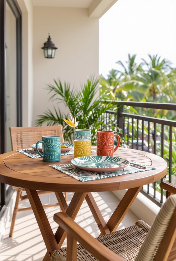 tiki themed tropical balcony setup