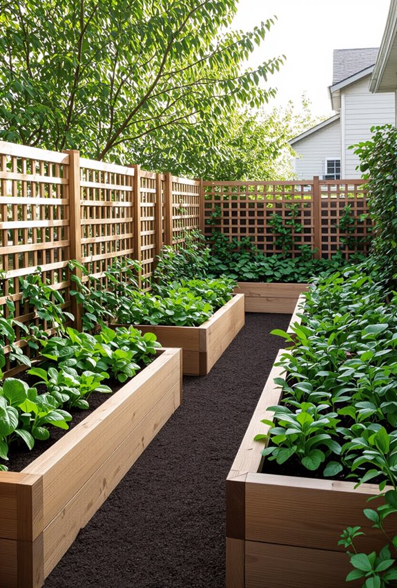 timber raised beds trellis