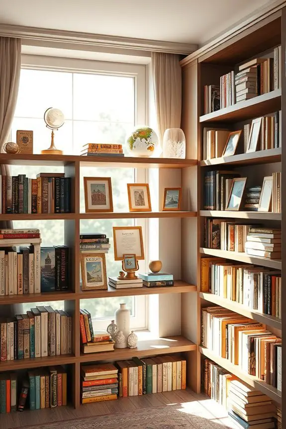 travel inspired bookshelf decor
