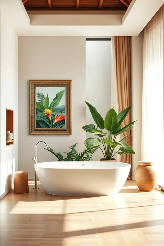 tropical artwork enhances bathrooms