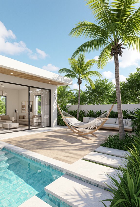 tropical hammock lit rattan patio