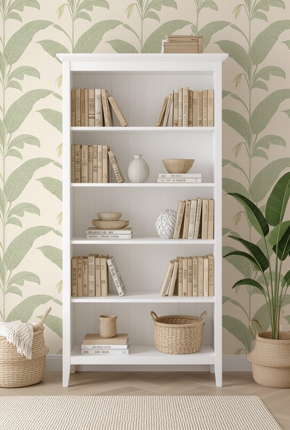 tropical leafy bookshelf styling