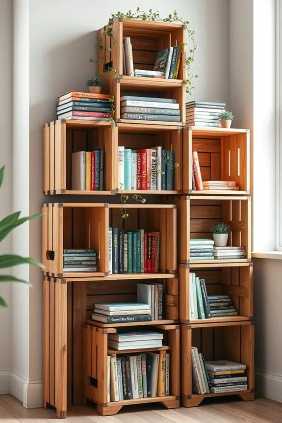 upcycled crates as bookshelves