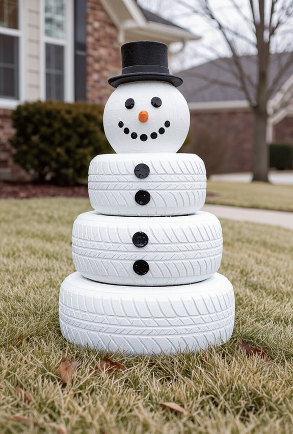 upcycled tire snowman sculpture
