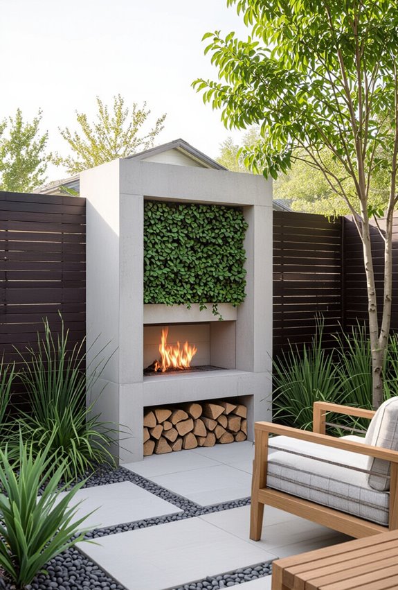 vertical fireplace with planters