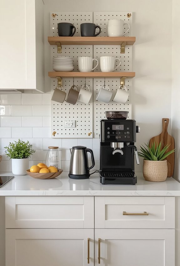 vertical pegboard coffee station