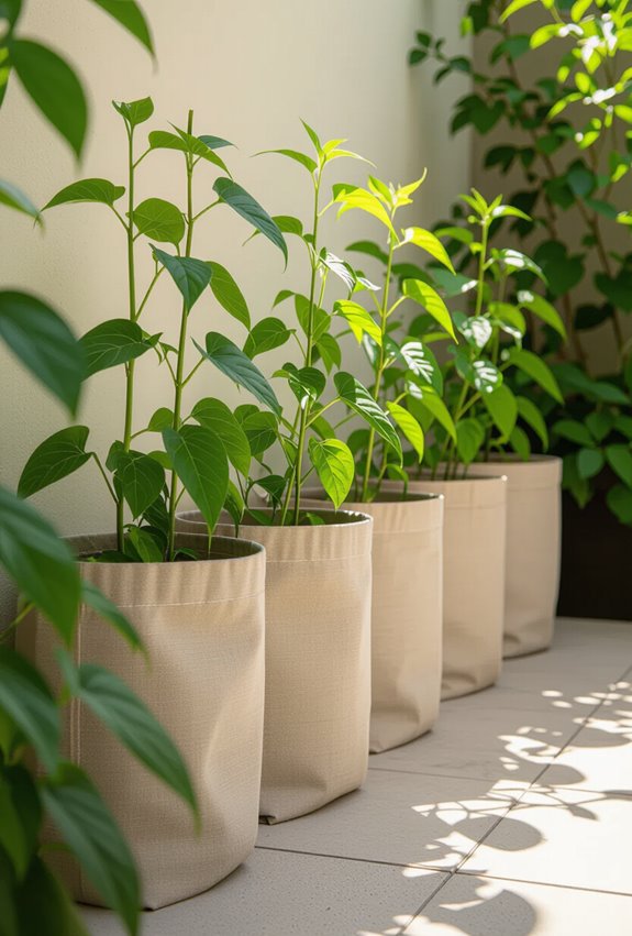 vertical trellis trained grow bag beans