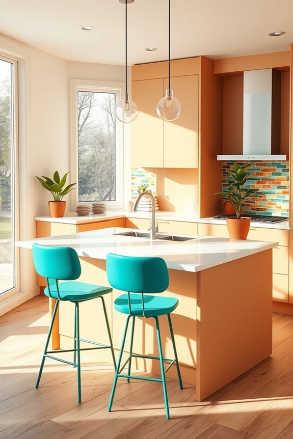 vibrant accents enhance beige kitchen