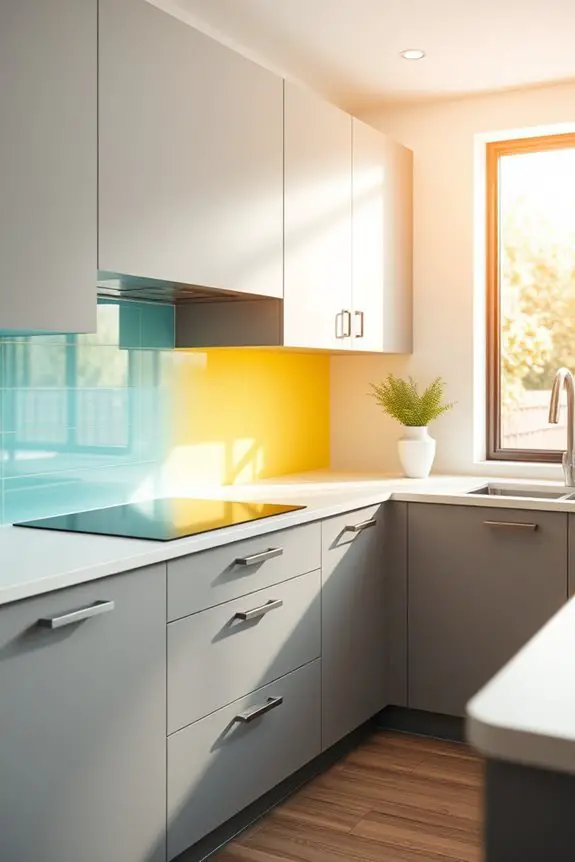 vibrant backsplash enhances grey cabinets