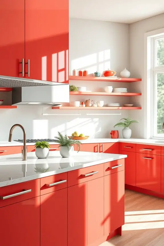 vibrant coral kitchen cabinets