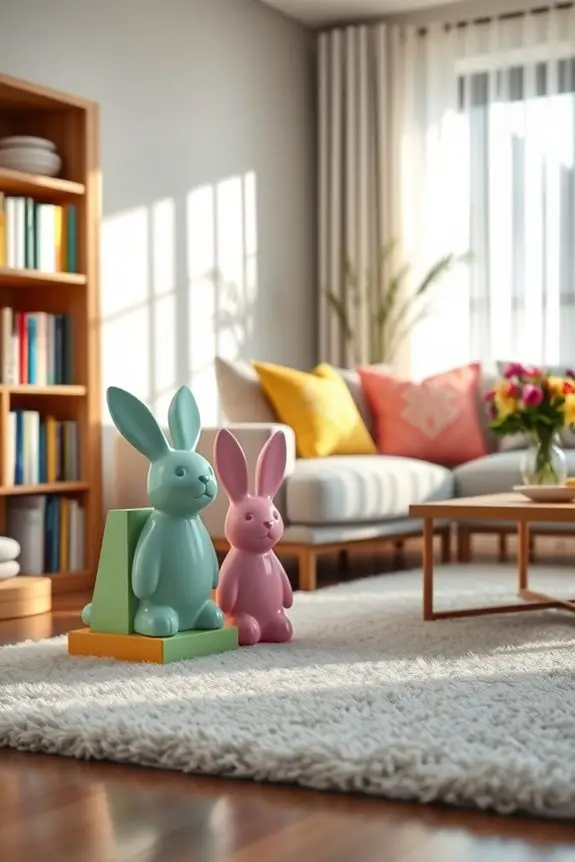 vibrant easter bookshelf decor