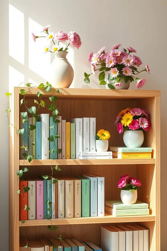 vibrant floral bookshelf decor