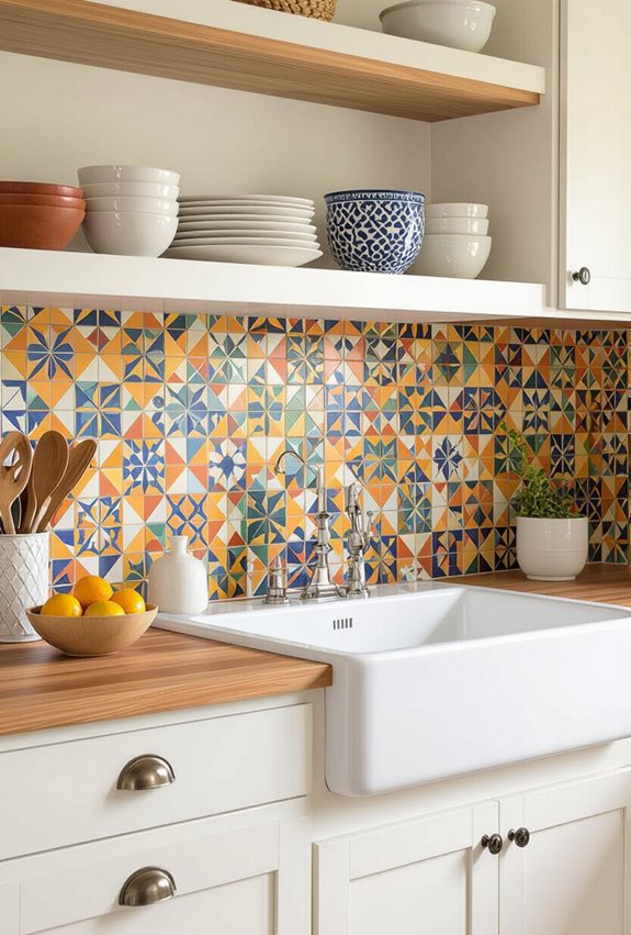 vibrant geometric tile backsplash