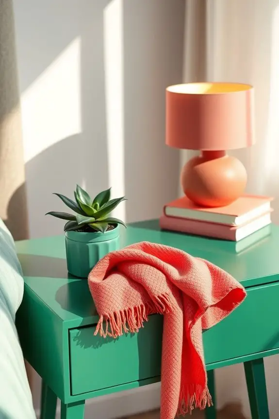 vibrant green and coral decor