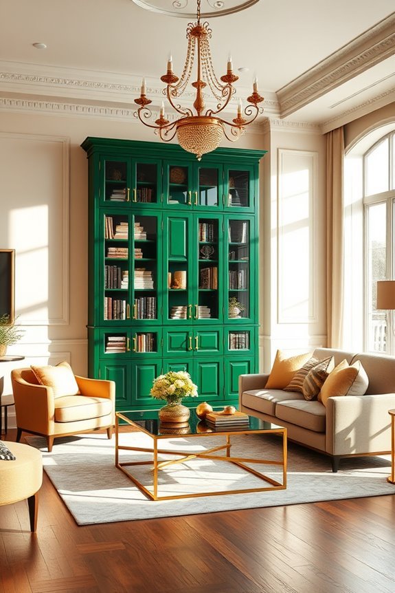 vibrant green bookcase decor