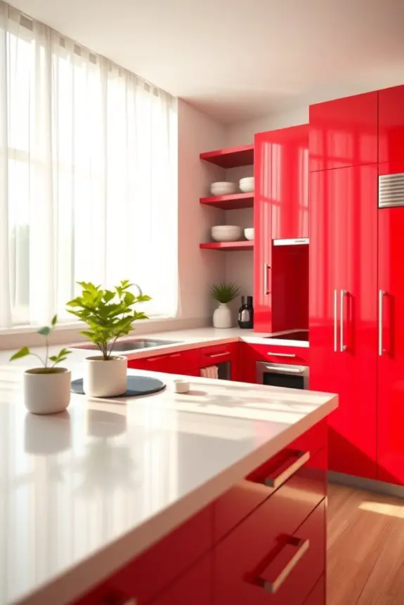 vibrant raspberry red cabinets