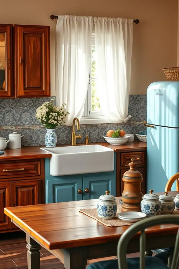 vintage blue brown kitchen