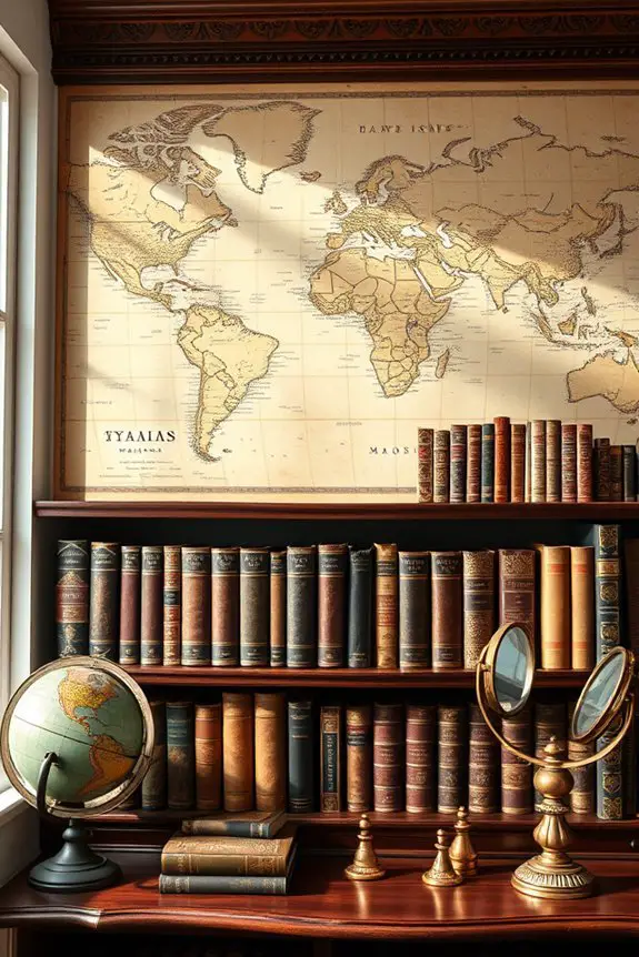 vintage maps bookshelf decor
