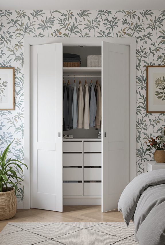 wallpapered mirrored closet doors