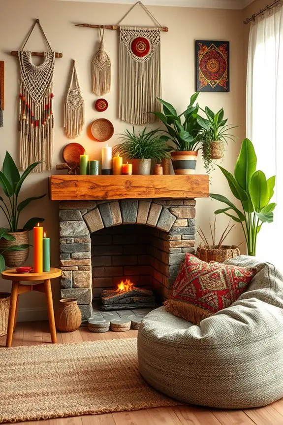 warm boho fireplace decor
