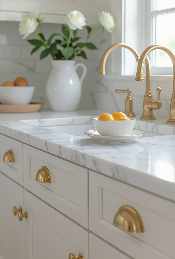 warm gold knobs complement marble
