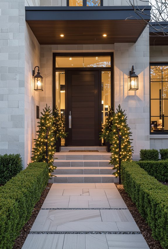 warm lit pine garland pathway