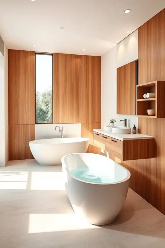 warm wood accents enhance bathrooms