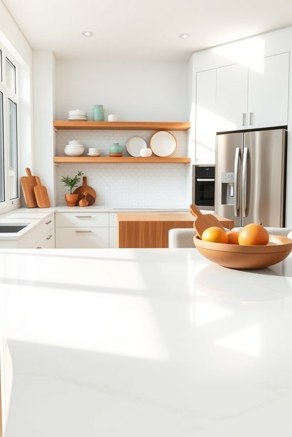 warm wood contrasts white kitchen