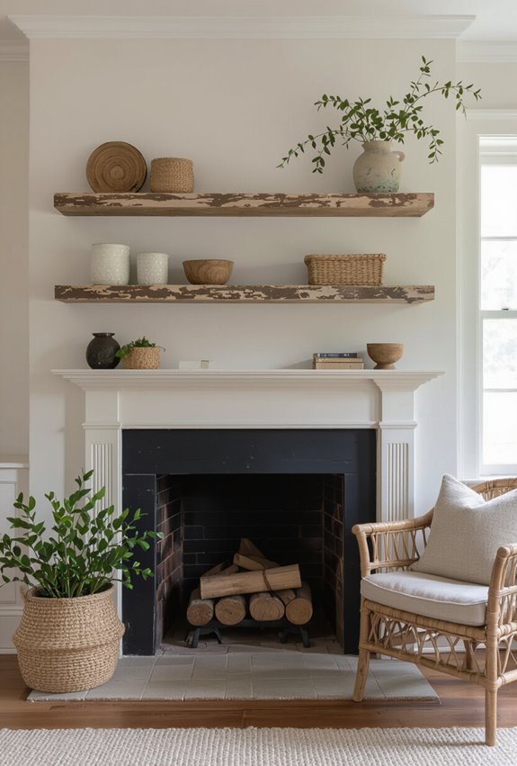 weathered reclaimed mantel with pottery