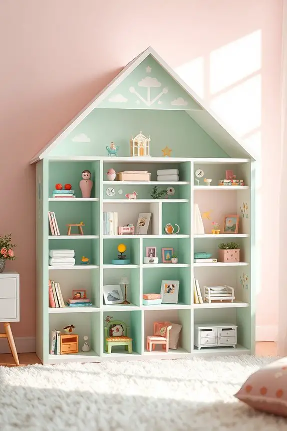 whimsical dollhouse shelf organization
