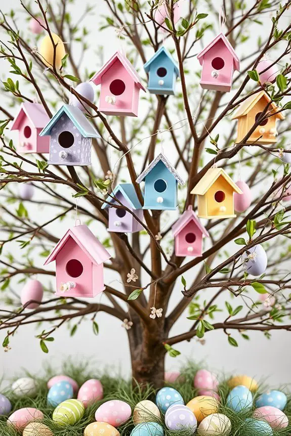 whimsical painted birdhouses display