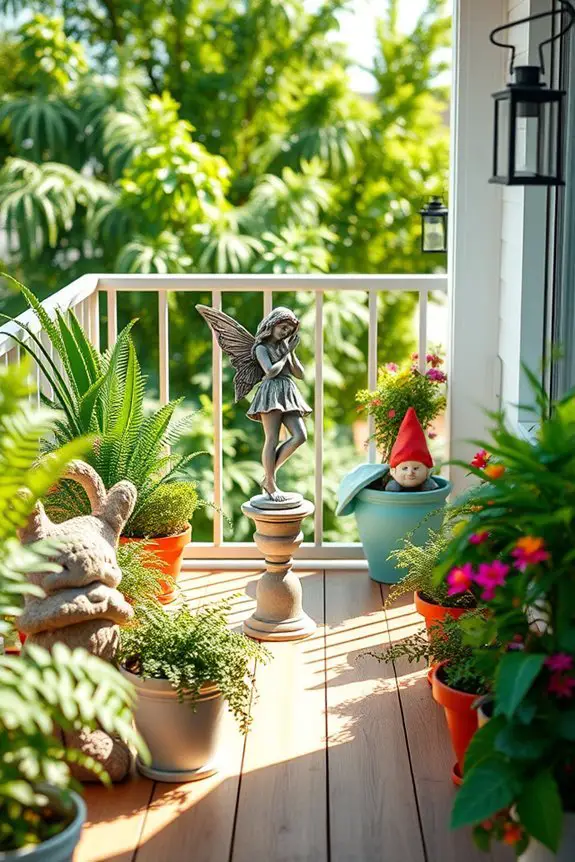 whimsical statues enhance balconies