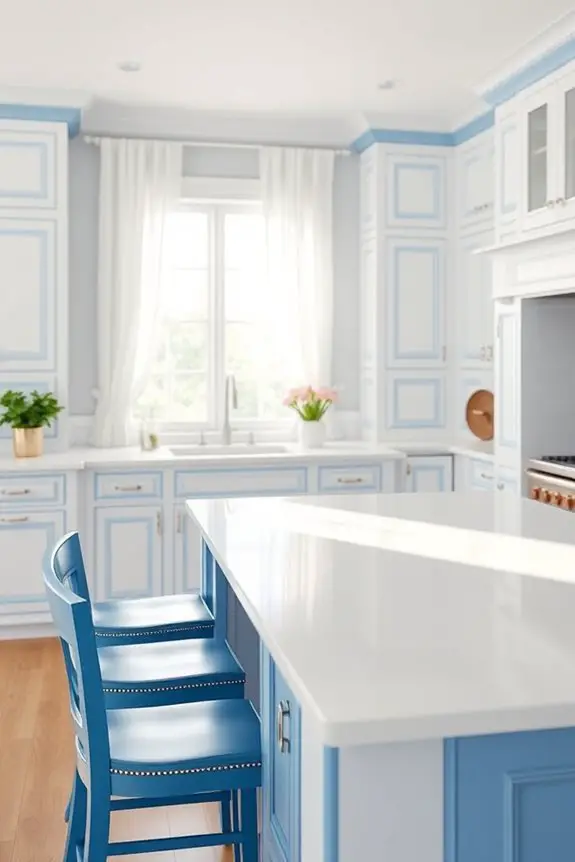 white cabinets blue trim