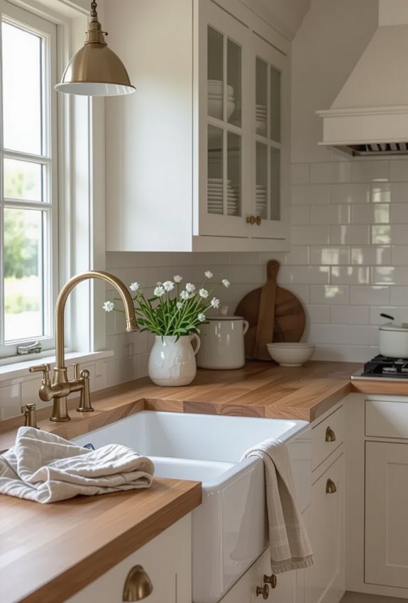 white cabinets warm wood