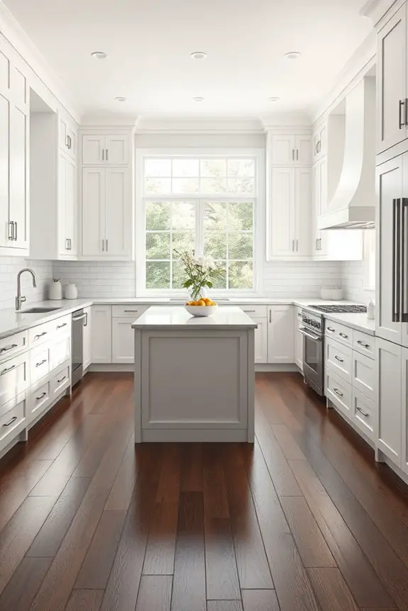 white kitchen dark flooring