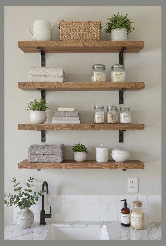 wooden open shelving on brick
