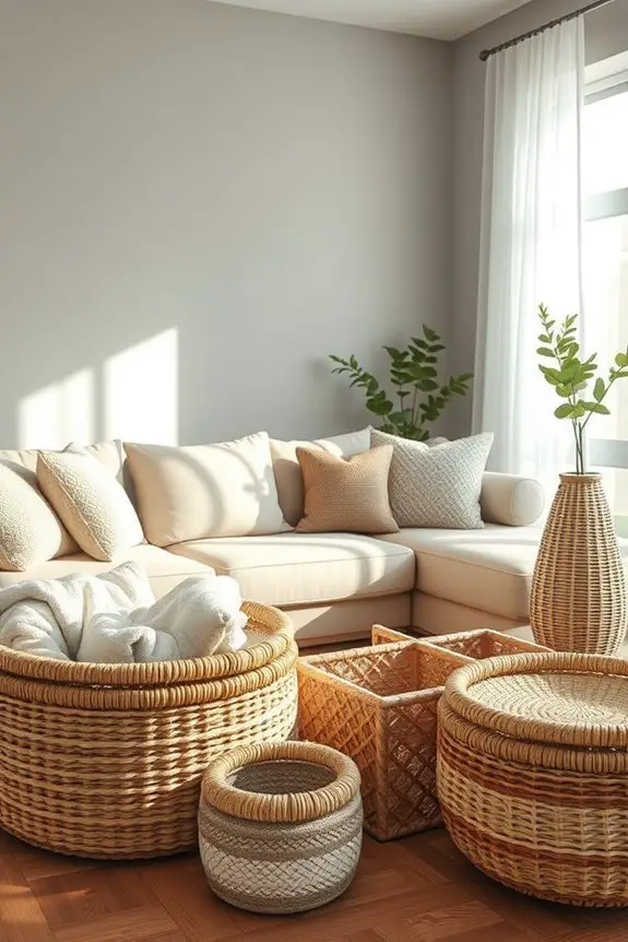 woven baskets enhance decor