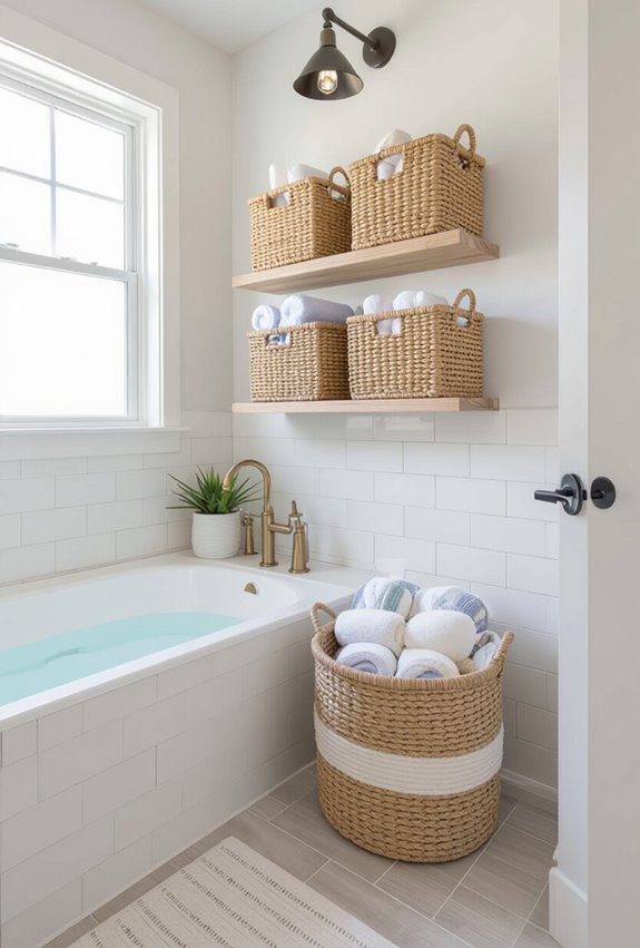 woven baskets mounted for storage