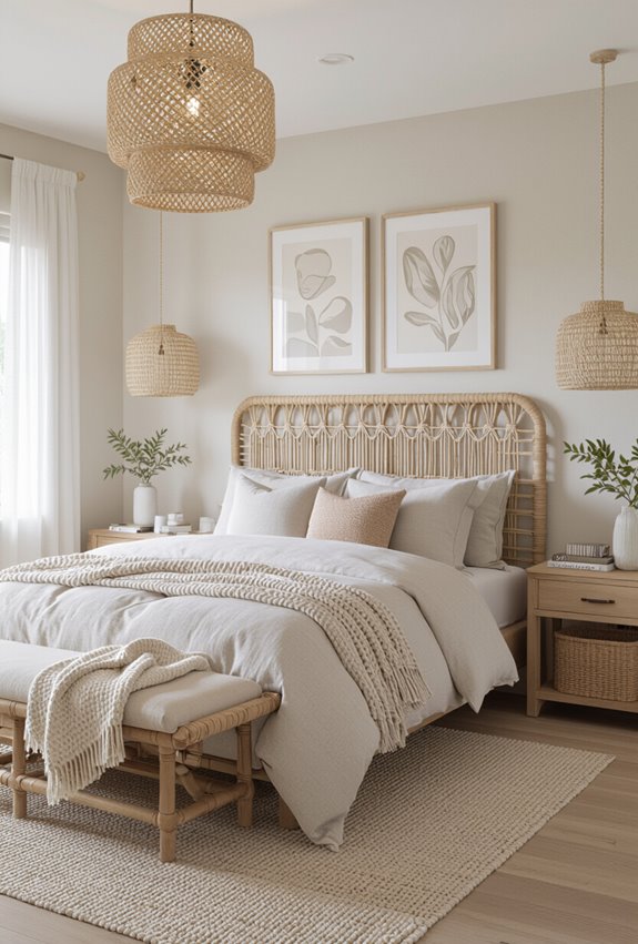 woven rattan headboard anchors room