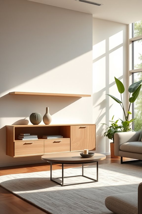 zen inspired floating cabinets